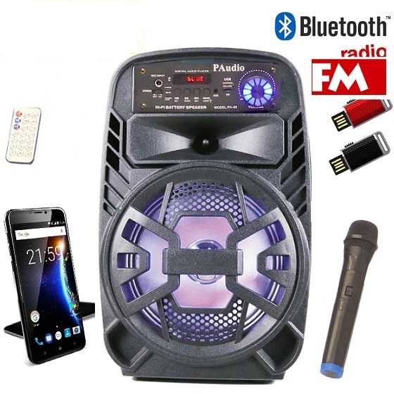 Караоке Тонколона PA 80 8 инча, Безжичен Микрофон, акумулаторна батерия, Bluetooth, FM радио, USB, micro SD card player 3 Премахване на термин: Караоке Тонколона PA 80 Караоке Тонколона PA 80