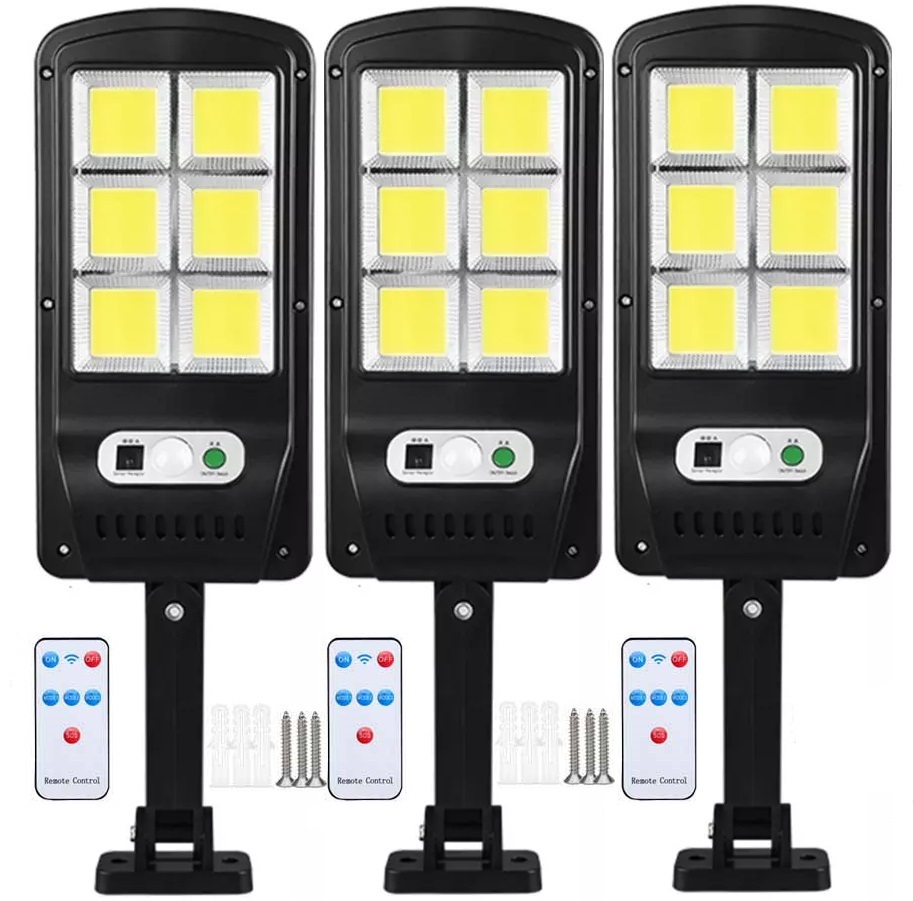 Соларна лампа 1200W LED 3 броя със сензор за движение, стойка и дистанционно 3 Соларна лампа 1200W LED 3 броя със сензор за движение, стойка и дистанционно